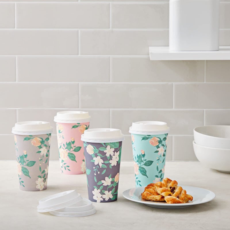 BLUE PANDA Paper Coffee Cups - 16 Oz, 48 Count, 4 Pastel Floral Colors - Disposable Cups with Lids for Hot & Cold Coffee & Tea to Go - Image 2